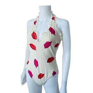 RARE Gideon Oberson Red Lips One Piece Swimsuit